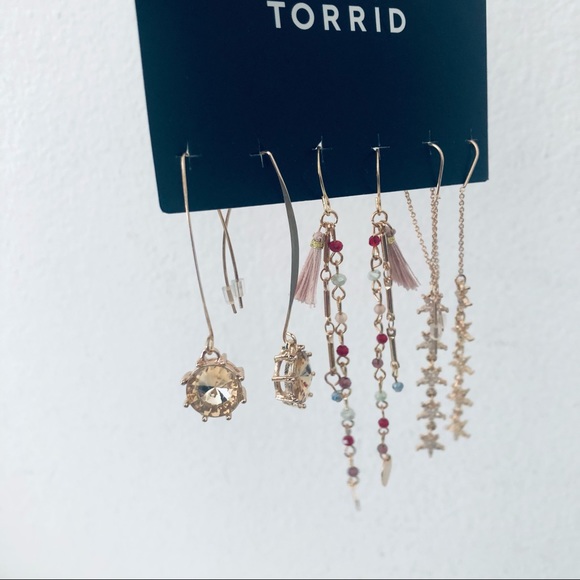 TORRID BLUSH WINE THREADER DROP TRIO EARRINGS - Picture 4 of 5